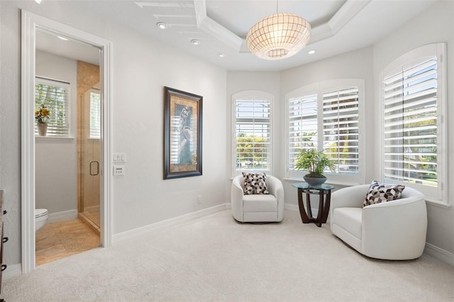 7118 Hawks Harbor Cir, Bradenton, FL 34207 - living area with recessed lighting, carpet, baseboards, and a tray ceiling