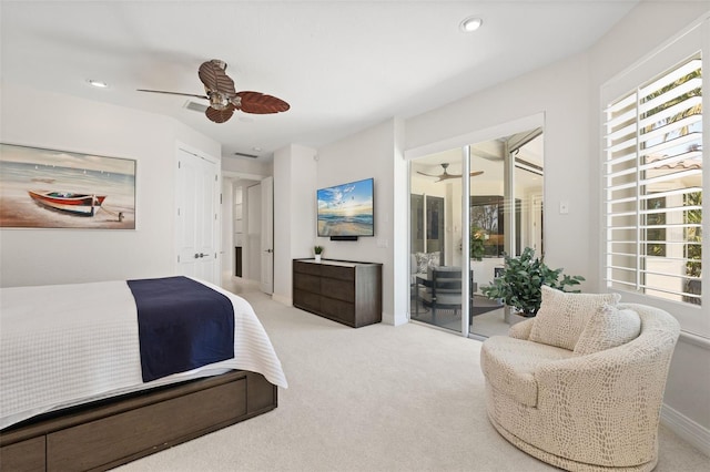 7118 Hawks Harbor Cir, Bradenton, FL 34207 - carpeted bedroom with ceiling fan, access to exterior, visible vents, baseboards, and recessed lighting