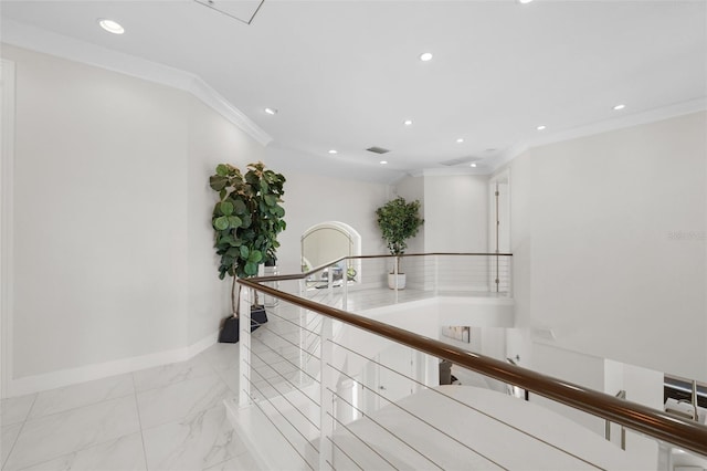 7118 Hawks Harbor Cir, Bradenton, FL 34207 - corridor featuring crown molding, marble finish floor, recessed lighting, and an upstairs landing