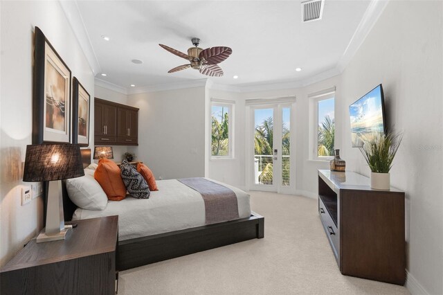 7118 Hawks Harbor Cir, Bradenton, FL 34207 - bedroom featuring access to outside, visible vents, light carpet, and ornamental molding