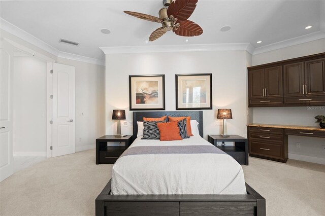 7118 Hawks Harbor Cir, Bradenton, FL 34207 - bedroom featuring visible vents, ornamental molding, light colored carpet, recessed lighting, and built in desk