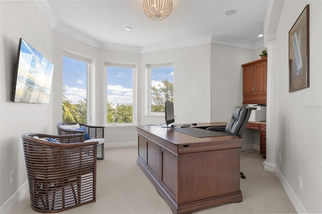 7118 Hawks Harbor Cir, Bradenton, FL 34207 - home office featuring baseboards, crown molding, and light carpet