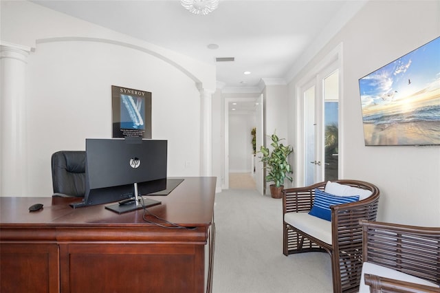 7118 Hawks Harbor Cir, Bradenton, FL 34207 - home office featuring ornate columns, visible vents, light carpet, and recessed lighting