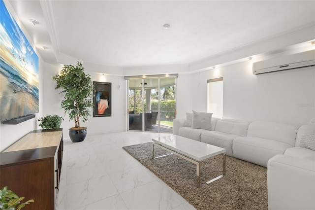 7118 Hawks Harbor Cir, Bradenton, FL 34207 - living area featuring ornamental molding, marble finish floor, and a wall mounted AC