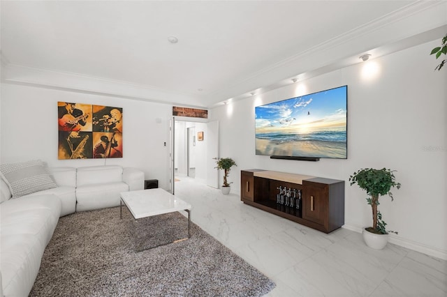 7118 Hawks Harbor Cir, Bradenton, FL 34207 - living area featuring baseboards, ornamental molding, and marble finish floor