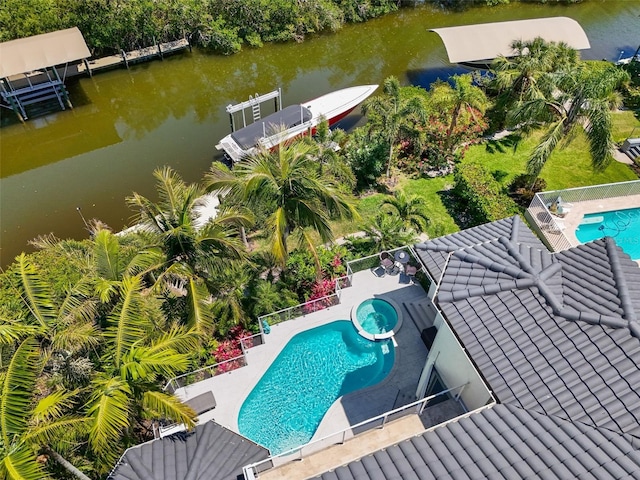 7118 Hawks Harbor Cir, Bradenton, FL 34207 - exterior space featuring a water view, a fenced in pool, and a patio