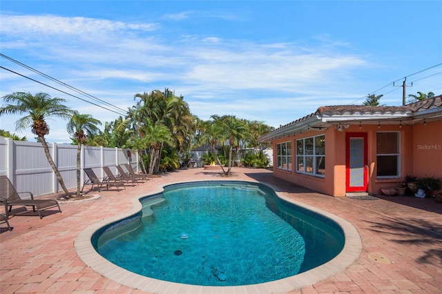 view of swimming pool featuring fence, a patio area, and a fenced in pool