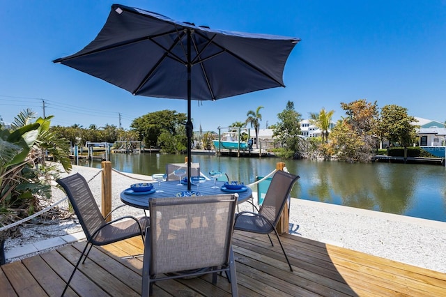 dock area featuring outdoor dining space and a water view