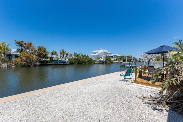 dock area featuring fence and a water view