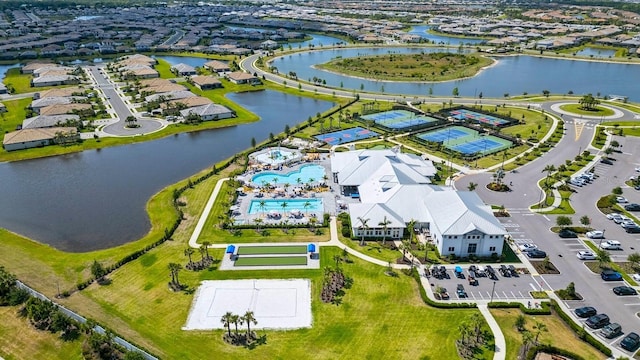 aerial view featuring a water view