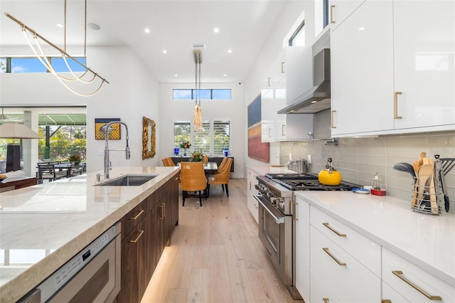 kitchen with high end stove, wall chimney range hood, dishwasher, modern cabinets, and a sink