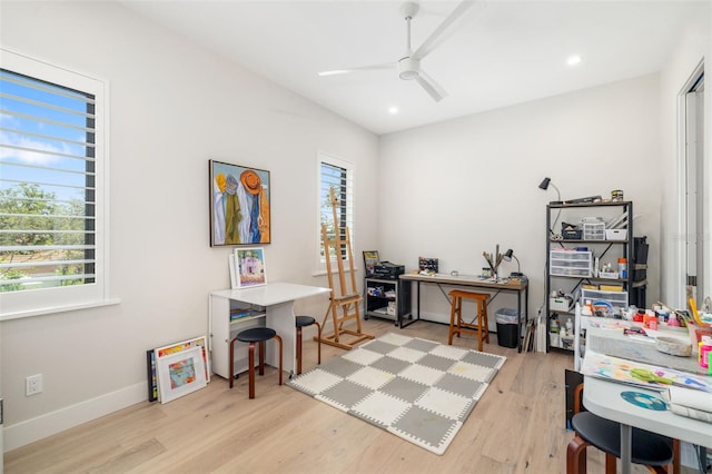 home office with light wood finished floors, a ceiling fan, baseboards, and recessed lighting
