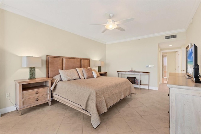 bedroom with crown molding, baseboards, visible vents, and ceiling fan