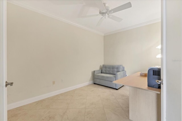 sitting room with baseboards, ornamental molding, a ceiling fan, and light tile patterned flooring