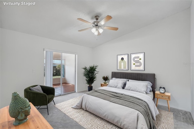 5382 Royal Palm Ave Unit 5382, Sarasota, FL 34234 - bedroom featuring carpet floors, access to outside, lofted ceiling, and a ceiling fan