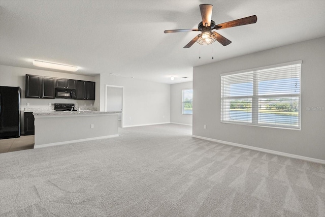 14914 Flowing Gold Dr, Bradenton, FL 34212 - unfurnished living room featuring light carpet, ceiling fan, and baseboards