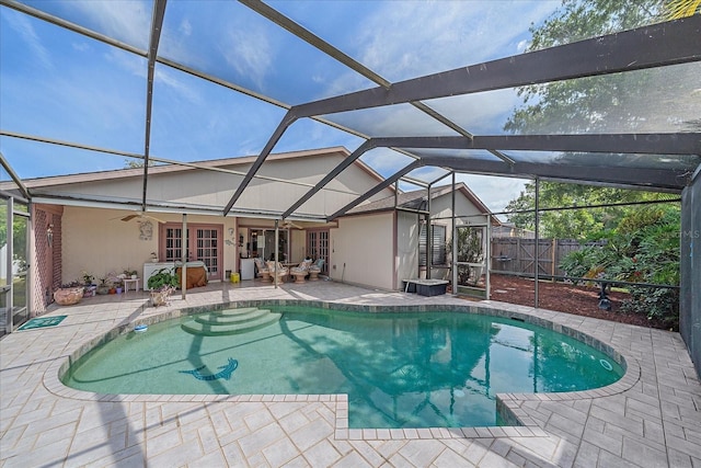 4053 Lancaster Dr, Sarasota, FL 34241 - view of pool with a fenced in pool, a lanai, fence, a patio area, and ceiling fan