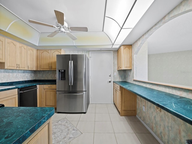 kitchen featuring stainless steel fridge, dishwasher, ceiling fan, and light brown cabinets