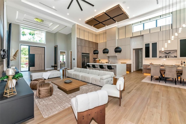 living room featuring a tray ceiling, light wood-type flooring, and a towering ceiling