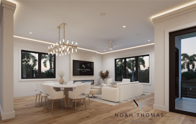 dining area with light wood-style floors, baseboards, ceiling fan, and recessed lighting