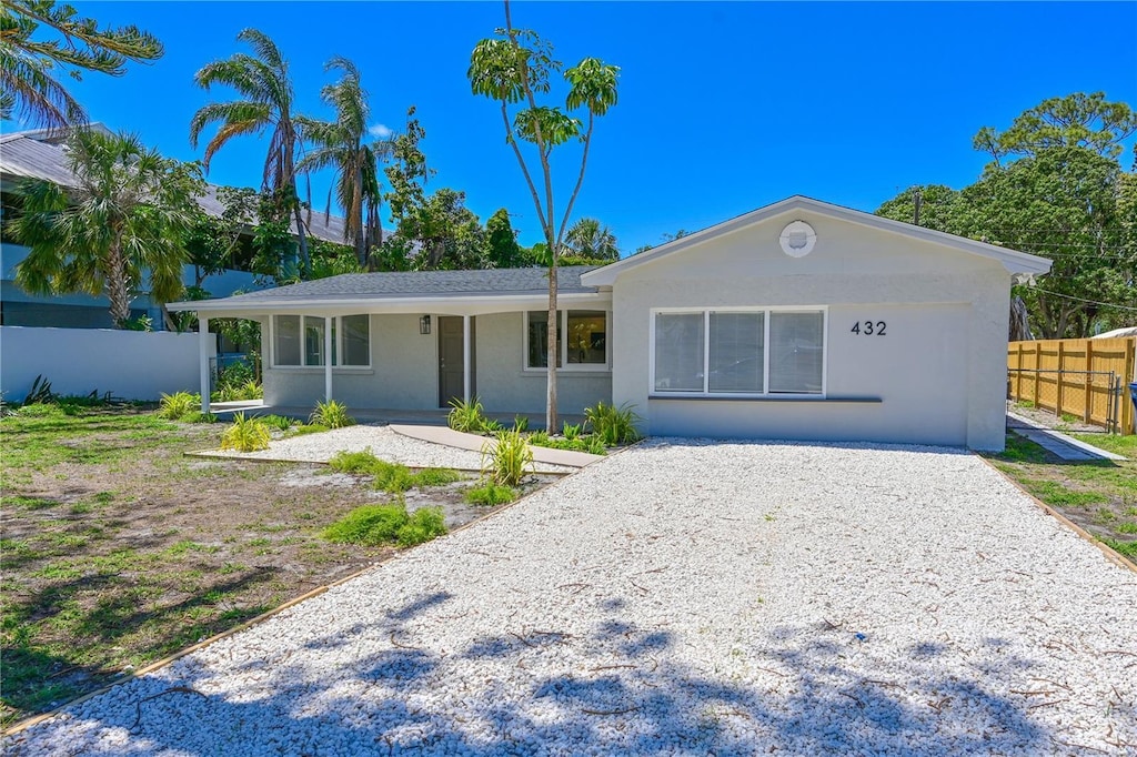 ranch-style house with fence and stucco siding