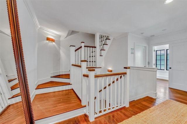 103 Park Ave, Anna Maria, FL 34216 - stairs featuring baseboards, wood finished floors, recessed lighting, and crown molding