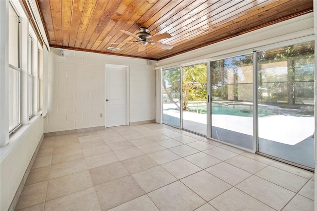 214 49th St W, Bradenton, FL 34209 - spare room featuring wood ceiling, concrete block wall, and ceiling fan