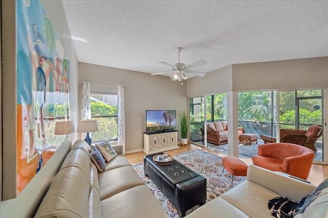 1612 Starling Dr Unit 101, Sarasota, FL 34231 - living room featuring a textured ceiling, wood finished floors, ceiling fan, and baseboards