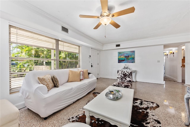2307 Valencia Dr, Sarasota, FL 34239 - living room featuring speckled floor, visible vents, crown molding, baseboards, and ceiling fan