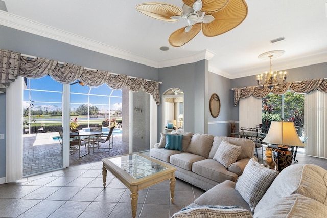8715 52nd Ave E, Bradenton, FL 34211 - tiled living area featuring a chandelier, crown molding, and a ceiling fan