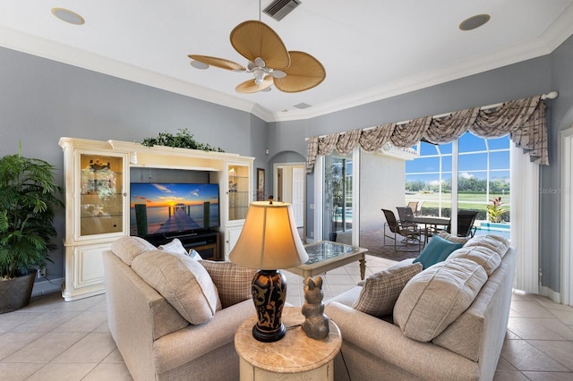 8715 52nd Ave E, Bradenton, FL 34211 - living room featuring light tile patterned floors, ornamental molding, a ceiling fan, and arched walkways