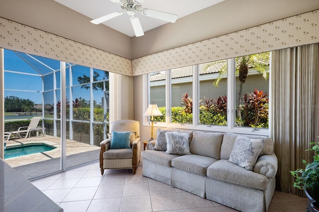 8715 52nd Ave E, Bradenton, FL 34211 - sunroom featuring a ceiling fan and an outdoor hangout area