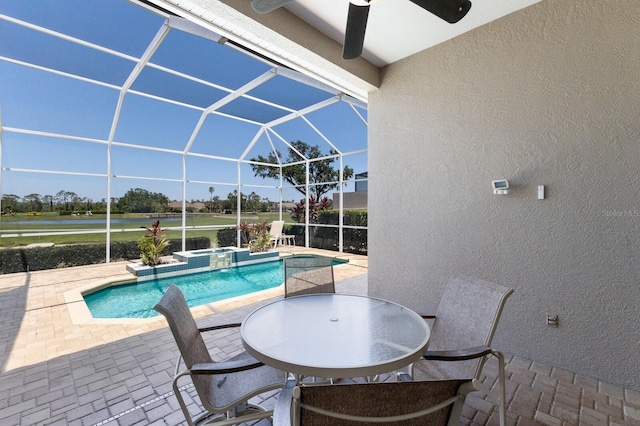 8715 52nd Ave E, Bradenton, FL 34211 - view of pool with a patio area, view of golf course, a lanai, a ceiling fan, and a pool with connected hot tub