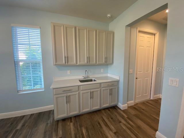 1142 Blarney St, Minneola, FL 34715 - kitchen with a sink, light countertops, baseboards, and dark wood-style flooring