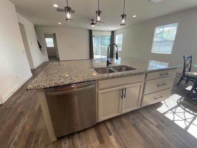 1142 Blarney St, Minneola, FL 34715 - kitchen with dark wood-type flooring, a healthy amount of sunlight, dishwasher, a sink, and open floor plan