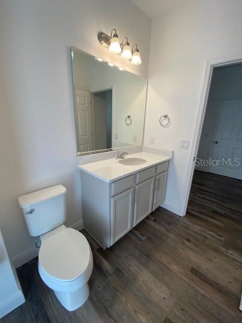1142 Blarney St, Minneola, FL 34715 - bathroom with toilet, vanity, wood finished floors, and baseboards