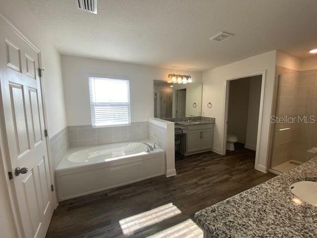 1142 Blarney St, Minneola, FL 34715 - bathroom featuring two vanities, a shower stall, a bath, visible vents, and wood finished floors