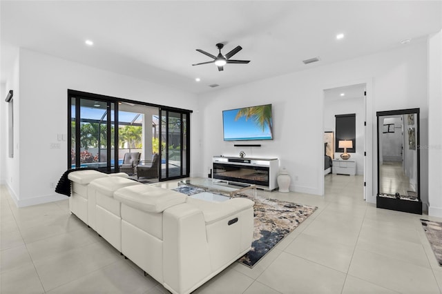 3724 SW 3rd St, Cape Coral, FL 33991 - living room with visible vents, baseboards, recessed lighting, and a ceiling fan