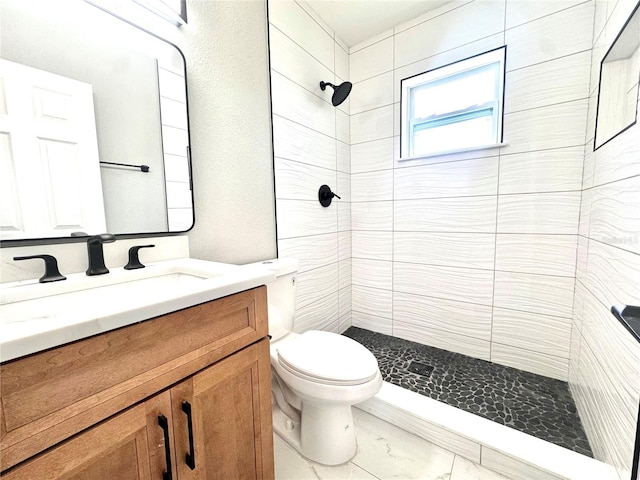 1142 Newhope Rd, Spring Hill, FL 34606 - full bath featuring marble finish floor, a tile shower, toilet, and vanity