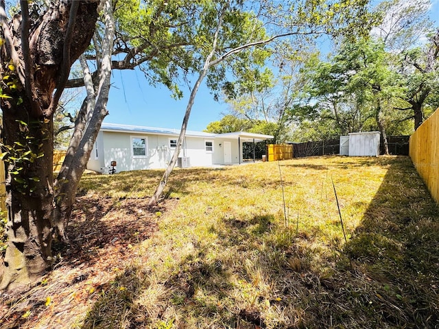 1142 Newhope Rd, Spring Hill, FL 34606 - view of yard with a fenced backyard, an outdoor structure, and a storage shed