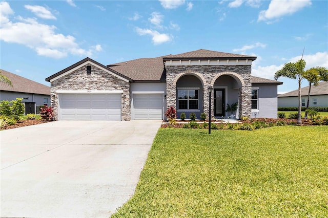 view of front of house featuring a front yard, stucco siding, driveway, stone siding, and an attached garage