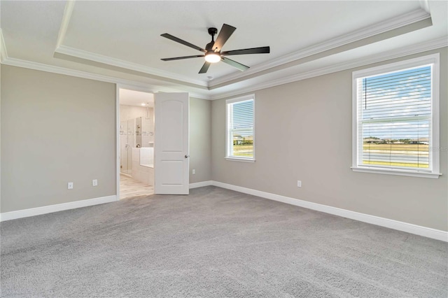 unfurnished bedroom with a raised ceiling, multiple windows, and crown molding