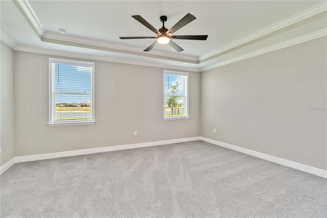 carpeted spare room featuring a raised ceiling, ceiling fan, crown molding, and baseboards