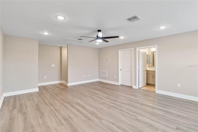 unfurnished bedroom with recessed lighting, visible vents, light wood-style flooring, and baseboards