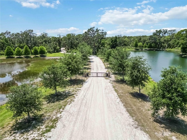water view with a wooded view and a gate