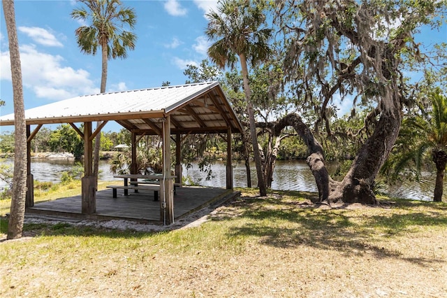 exterior space with a water view