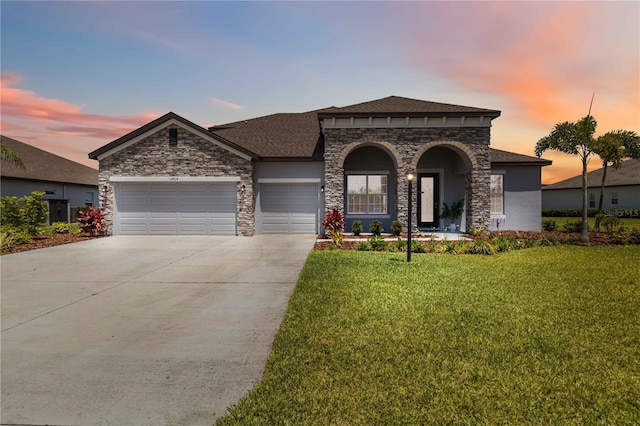 view of front of property with stucco siding, driveway, stone siding, a front lawn, and an attached garage