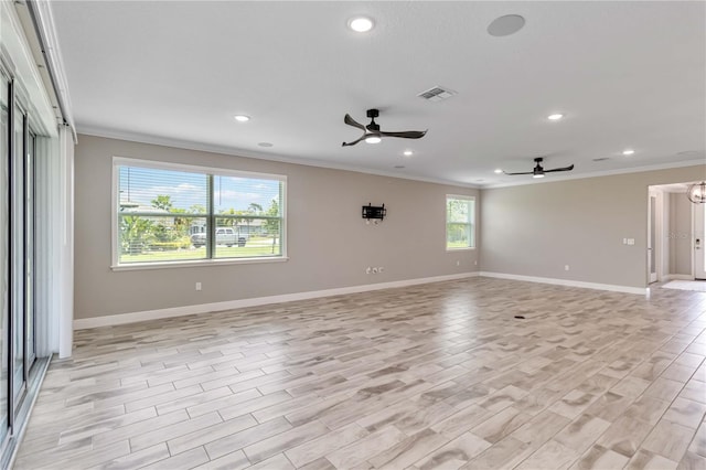 14914 15th St E, Parrish, FL 34219 - unfurnished room with ornamental molding, ceiling fan, recessed lighting, baseboards, and light wood finished floors