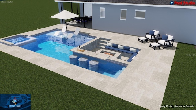 14914 15th St E, Parrish, FL 34219 - view of pool featuring a fire pit, a patio, and a pool with connected hot tub