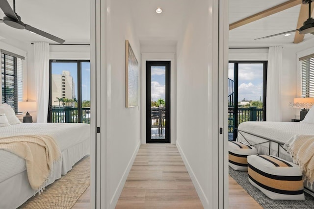 89 Avenida Messina, Sarasota, FL 34242 - bedroom featuring ceiling fan, light wood finished floors, baseboards, access to outside, and recessed lighting